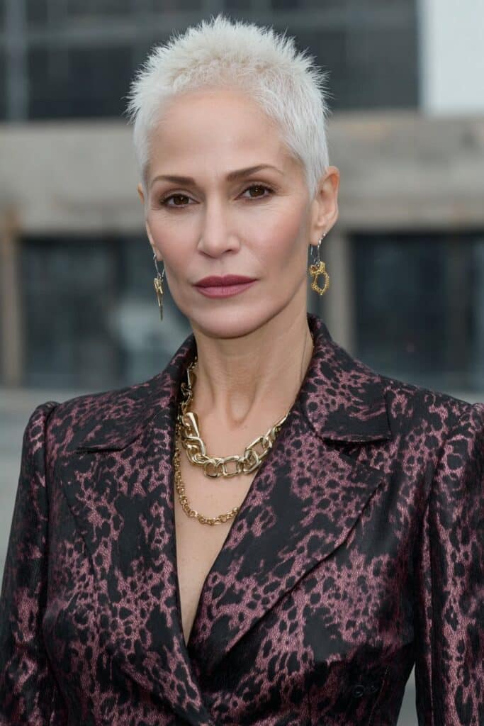 Soft layered pixie cut with subtle blonde highlights enhancing fine hair texture.