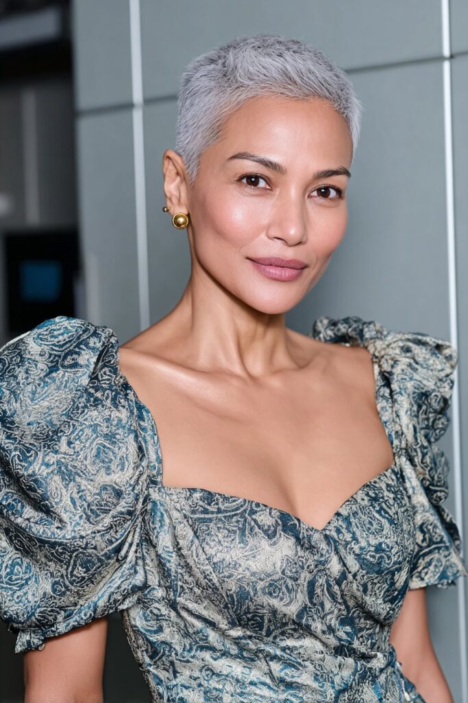 Short tapered pixie cut featuring lifted crown volume for a modern, elegant look.