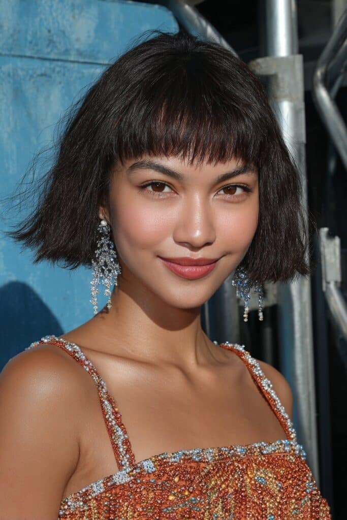 Girl with textured bob and soft fringe.