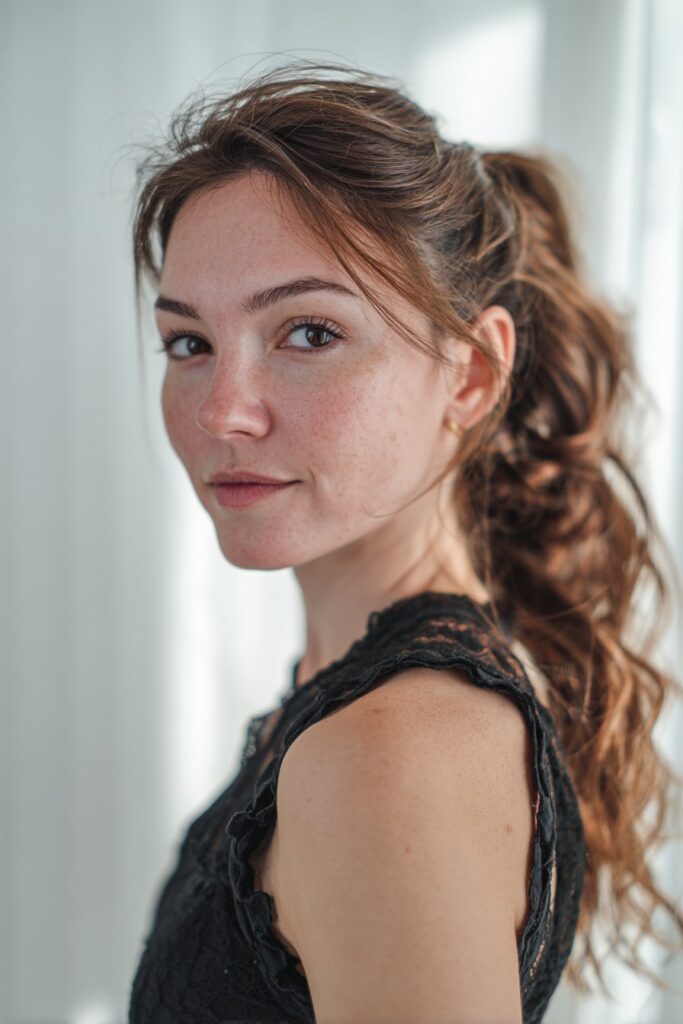 American woman over 12 with romantic waterfall braid, textured plaster backdrop, natural lighting, Instagram-style.