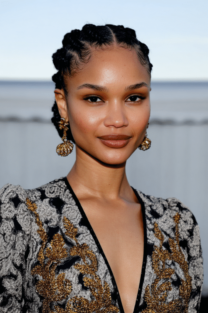 Tight Scalp Knotless French Curl Braids on a girl with sleek and neat braided roots