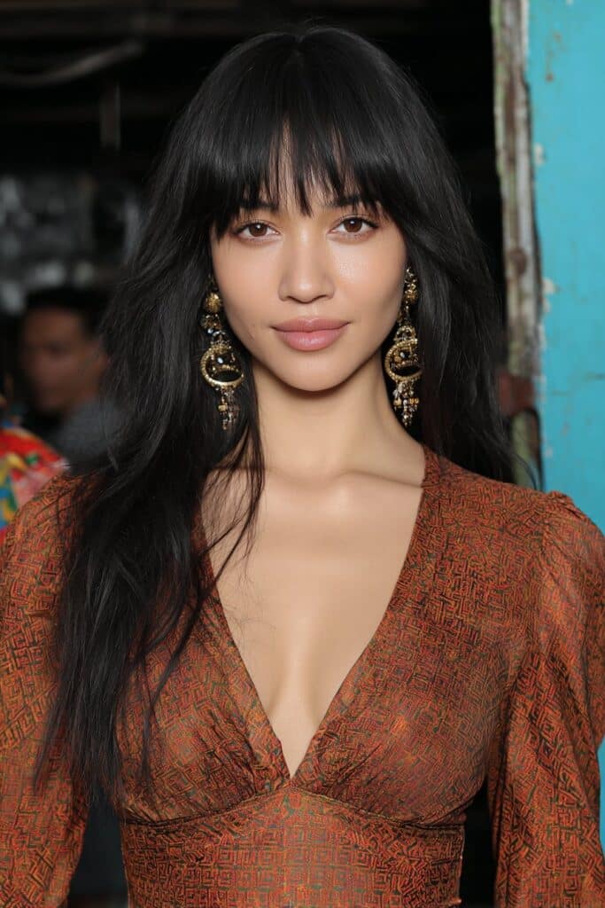 Girl with tousled lob and messy bangs.