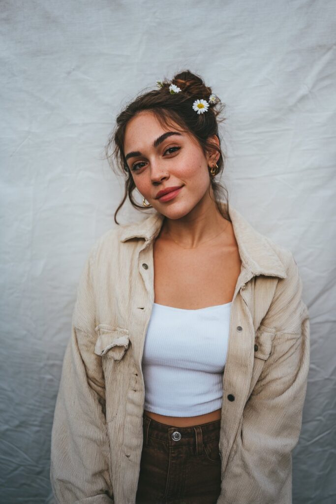 Elegant American woman over 12 with twisted low bun and flower pins, seamless white backdrop, soft lighting, Instagram-style.