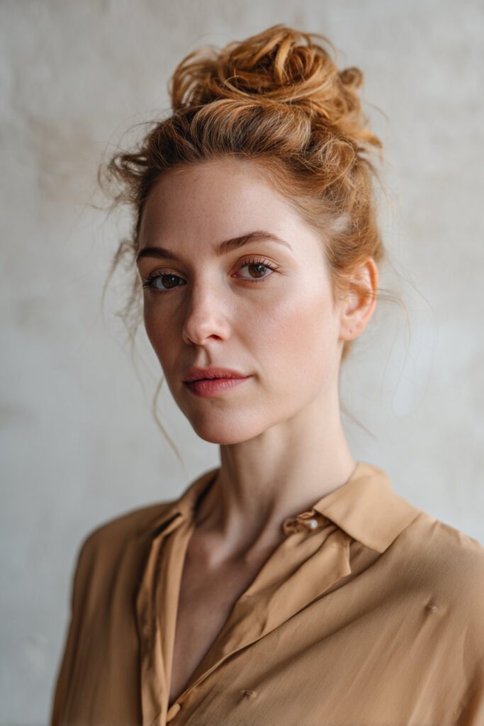 Unique twisted side bun for women over 60, in golden blonde, showcased with a textured plaster backdrop.