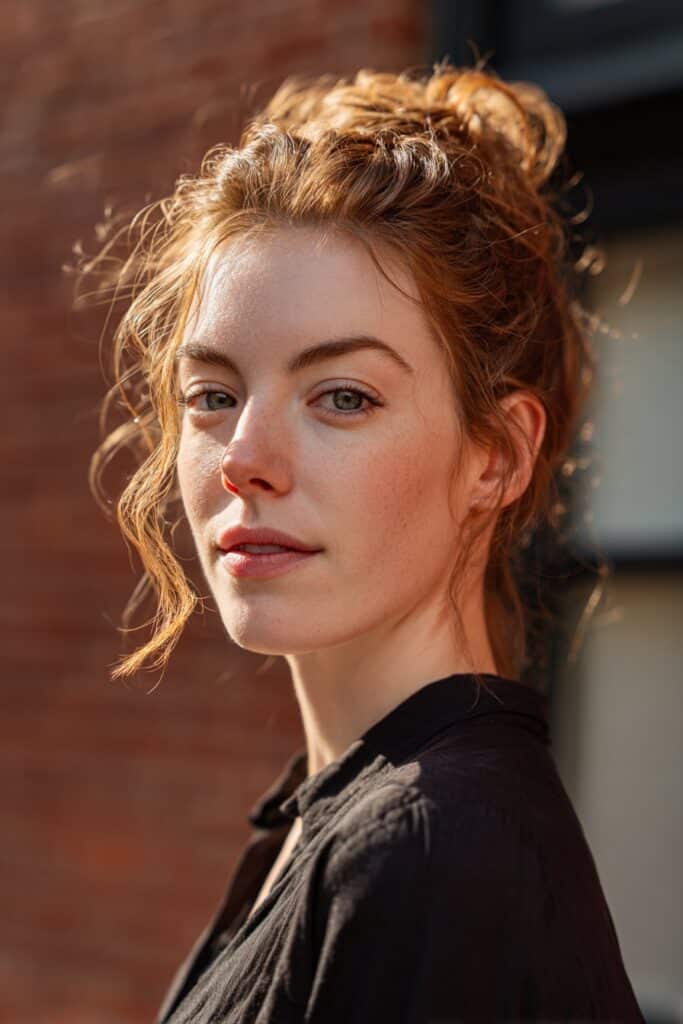 American woman over 12 with boho half-up and twists hairstyle, soft gray fabric backdrop, natural lighting, Instagram-style.