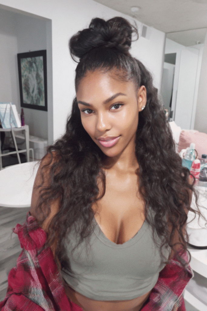 17 Stunning Half Up Half Down Quick Weave Hairstyles 8 A girl wearing a flawless half up half down quick weave with no leave out.
