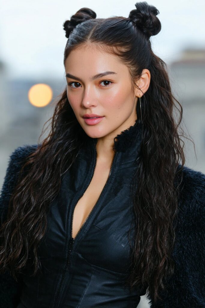 Elegant twisted chignon bun hairstyle for a woman with medium hair, perfect for festive or formal occasions.