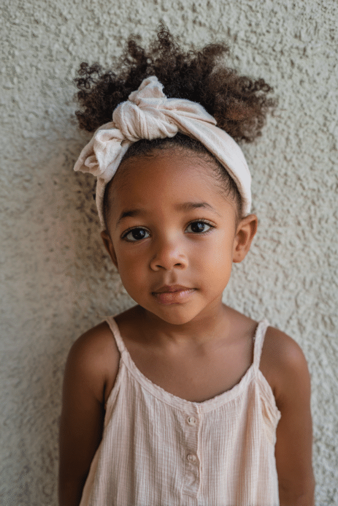A rounded afro puff highlighted by a headband that frames and defines the style.
