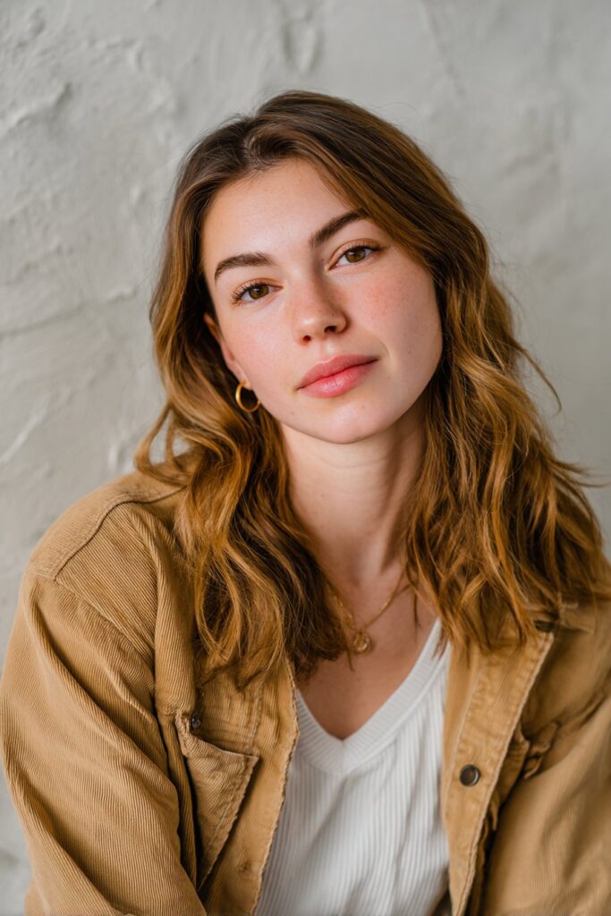 Medium brown hair warmed with subtle amber undertones for a radiant, earthy glow.