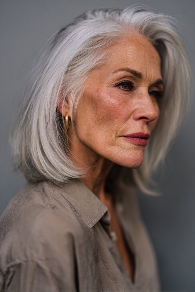 Modern angled bob with a side part for women over 60, offering a slimming silhouette.