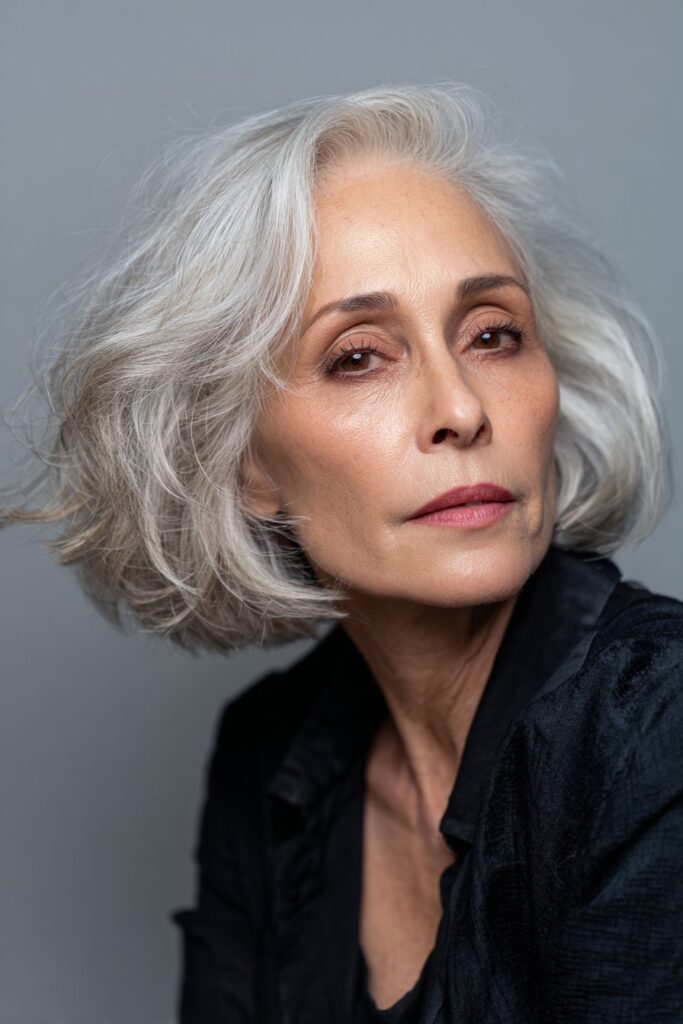 Asymmetrical bob haircut with one side longer, creating dimension for thin hair.