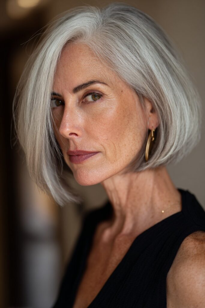 Asymmetrical bob haircut with one side longer for a stylish modern twist for women over 60.