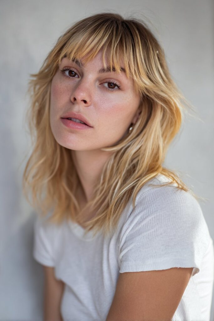 Soft blonde butterfly layers paired with long curtain bangs that frame the face.