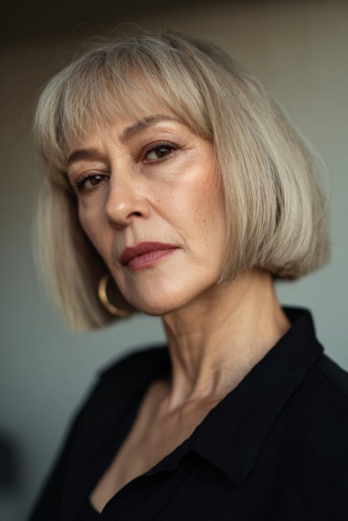 Straight blunt bob paired with soft curtain bangs for women over 60.