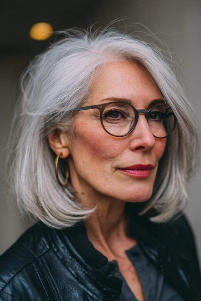 Confident 50-year-old woman with a blunt long bob haircut.