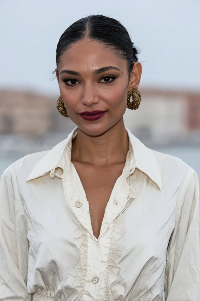 Woman with butterfly haircut featuring long curtain bangs and voluminous layers