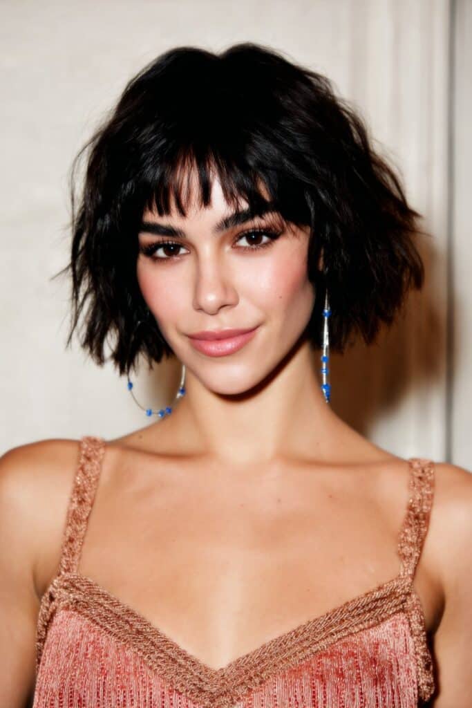 A woman with choppy bangs and butterfly-style layers