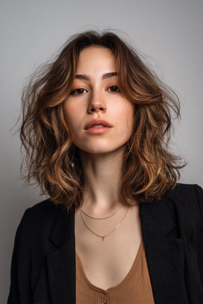 Butterfly shag haircut that adds lift and complements narrow foreheads on diamond face shapes.