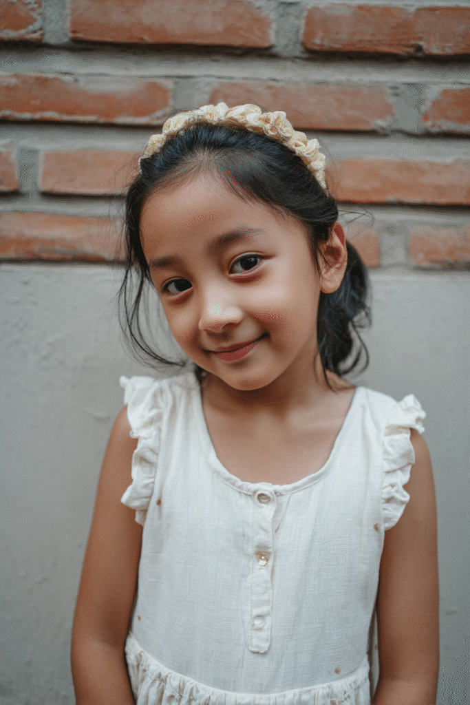 Hair styled simply and accented with a thin or decorative gold headband for a polished, elegant touch.