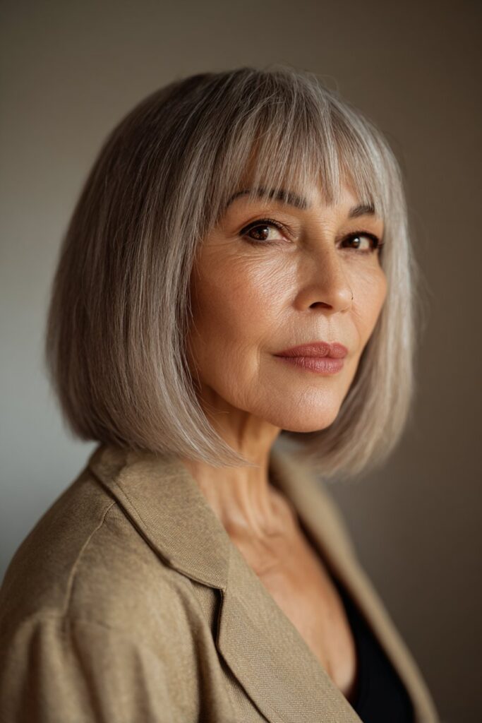 Chin-length straight bob hairstyle with a smooth, classic finish.