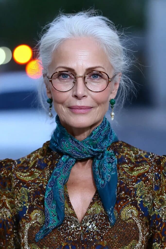 Trendy pixie haircut for a woman over 60, with choppy layers and side-swept bangs that frame the face beautifully.