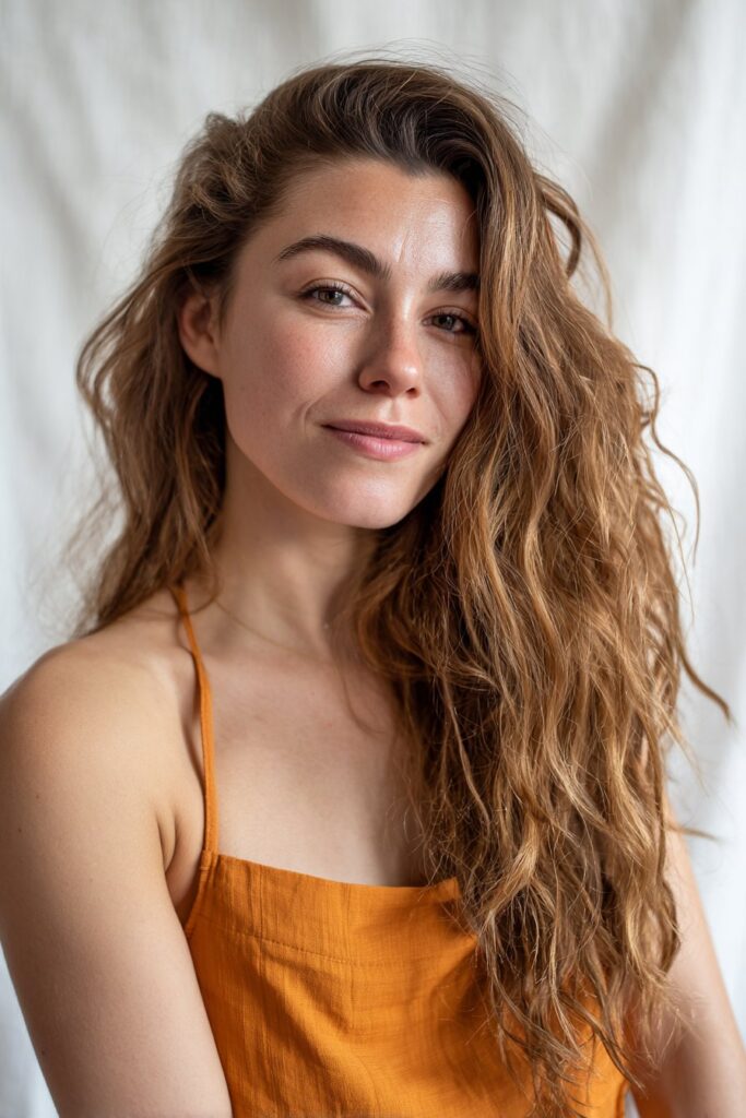 Brown hair brightened with fine, cinnamon-toned highlights for gentle warmth and contrast.