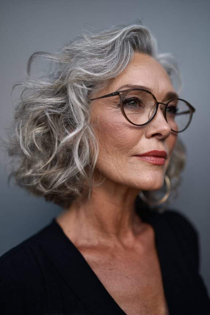 Lovely 50-year-old woman wearing a classic bob with bangs.