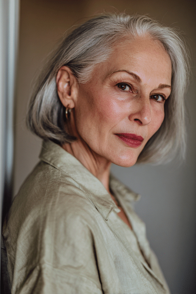 Classic short bob with a side part, perfect for women with thin hair to create fullness.