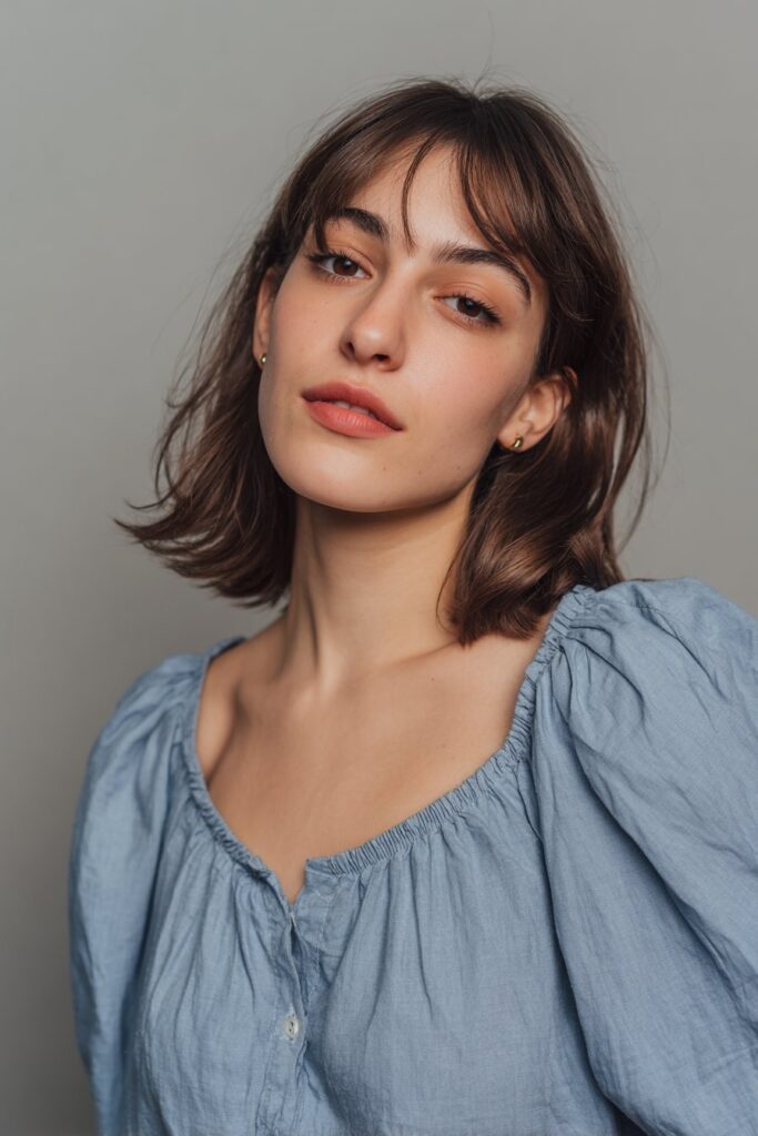 Rich brunette hair shaped with face-framing butterfly layers that add volume and movement.