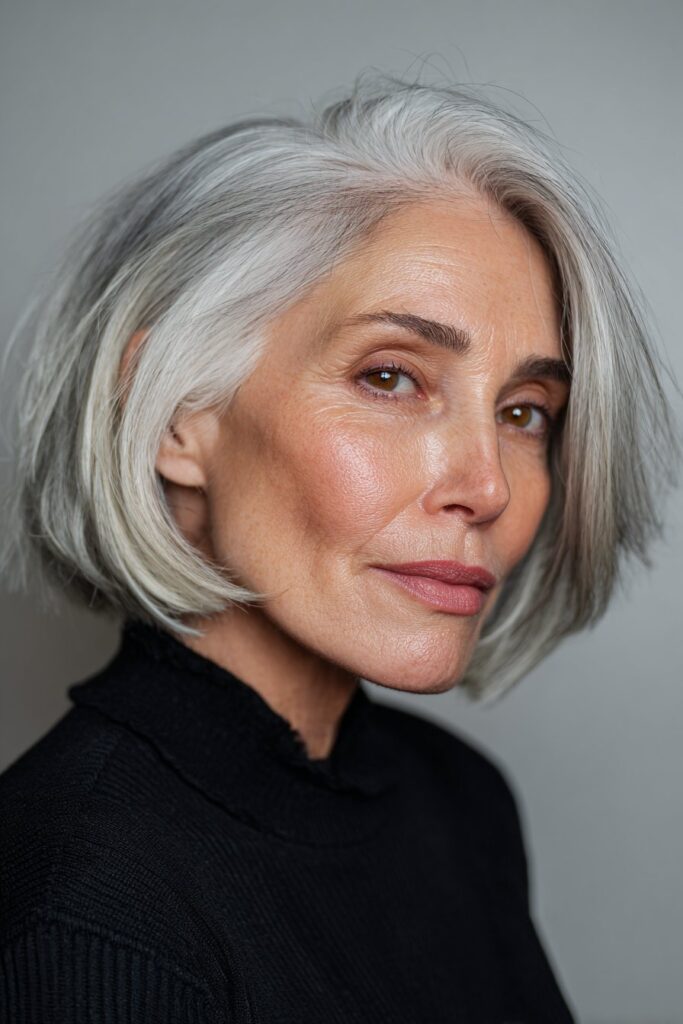 Classic chin-length bob haircut for women over 60 with smooth, sleek finish.