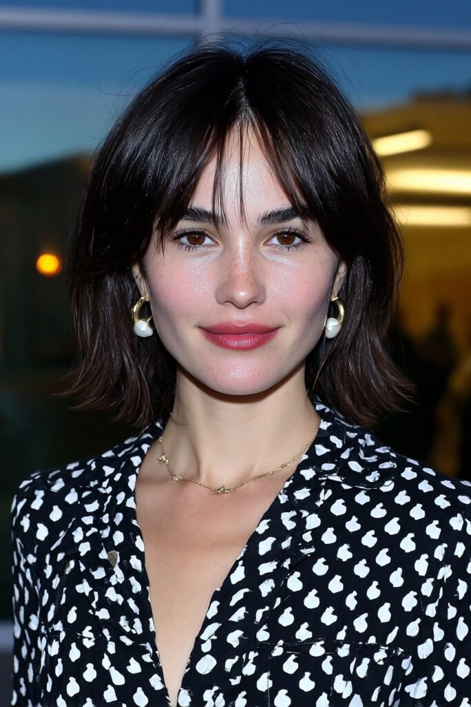 A woman with curtain bangs and a medium butterfly haircut