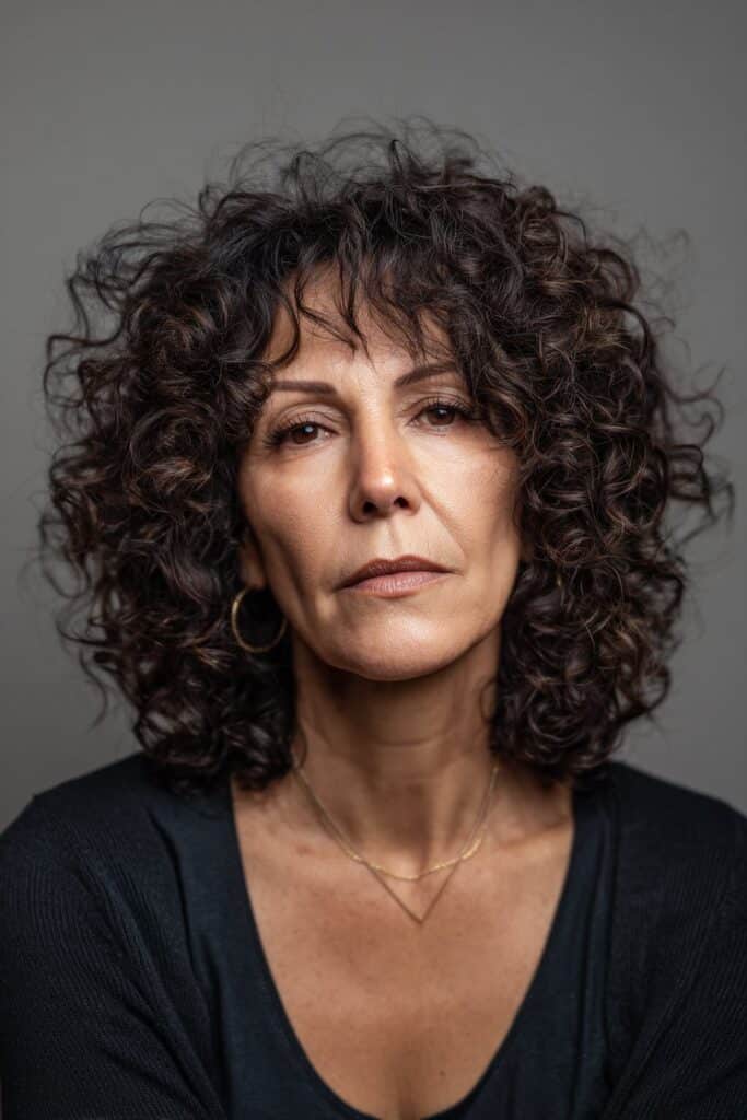 Curly bob hairstyle with face-framing layers, perfect for women over 60.