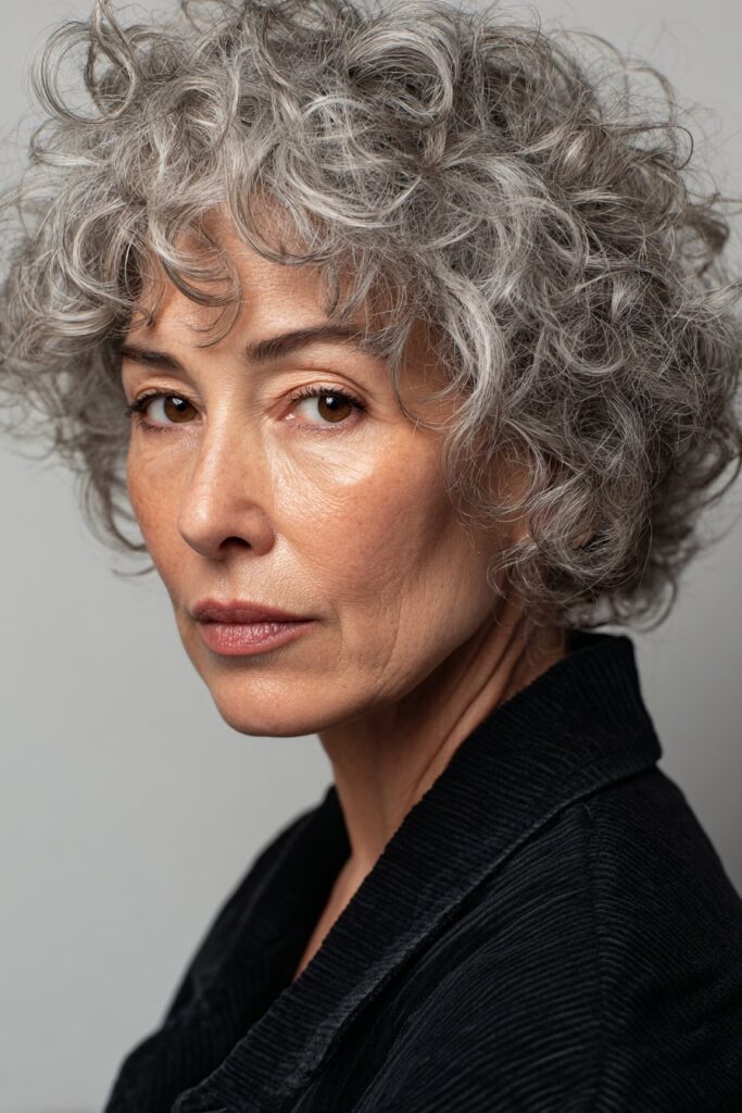 Curly pixie cut embracing natural texture, ideal for women with thin curly hair.