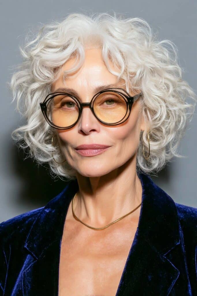 Mature woman over 60 with a short pixie that enhances her natural curls and adds bouncy texture.