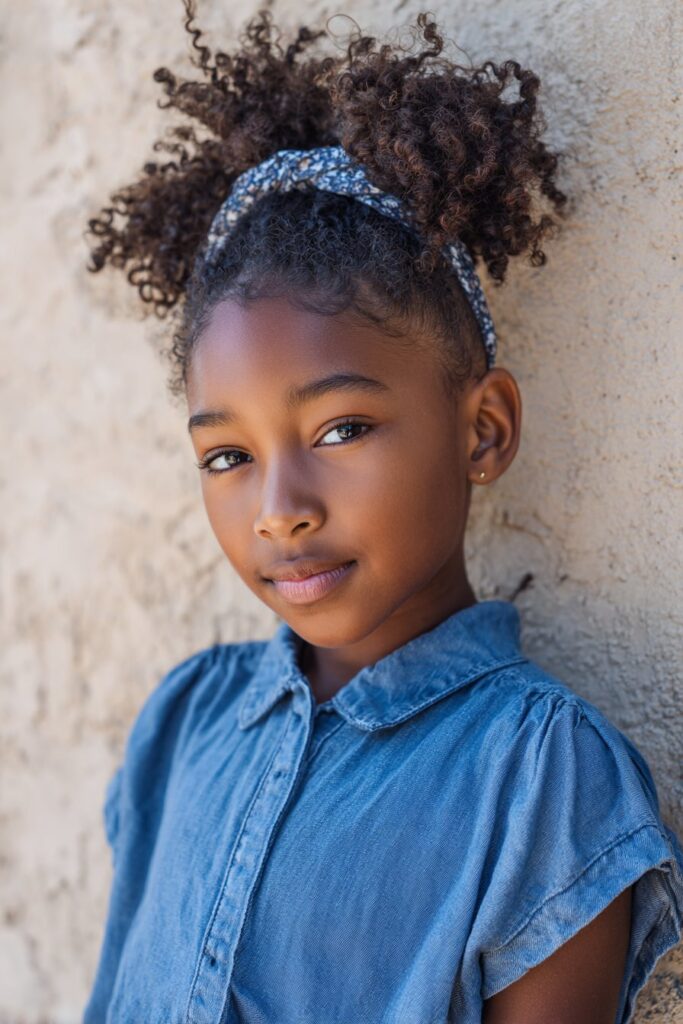 A full curly puff paired with curly bangs that frame the forehead.