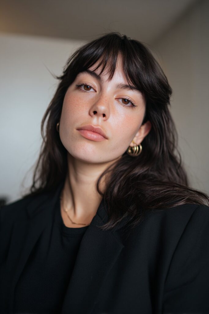 Curtain bang shag haircut that softens a wide forehead for heart-shaped faces.