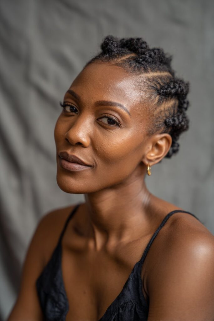 Cornrows following curved part lines, creating a flowing, wave-like pattern.