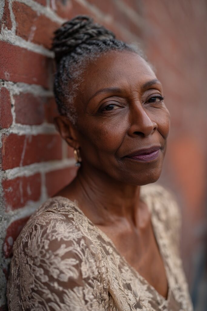 Cornrows styled upward and pinned into a polished updo with a refined silhouette.