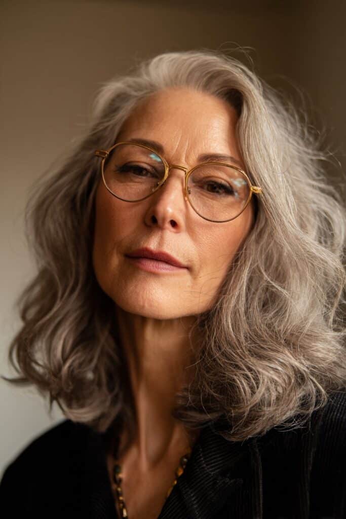 Elegant 50-year-old woman with a face-framing mid-length haircut.
