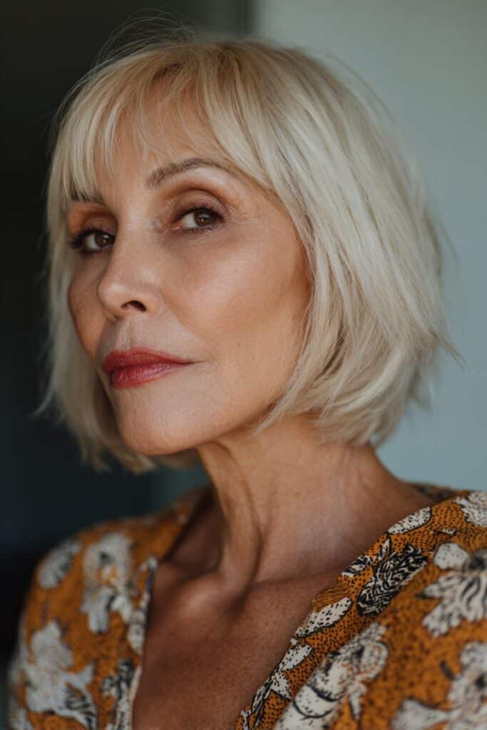 Feathered bob haircut with light, airy bangs for women over 60.