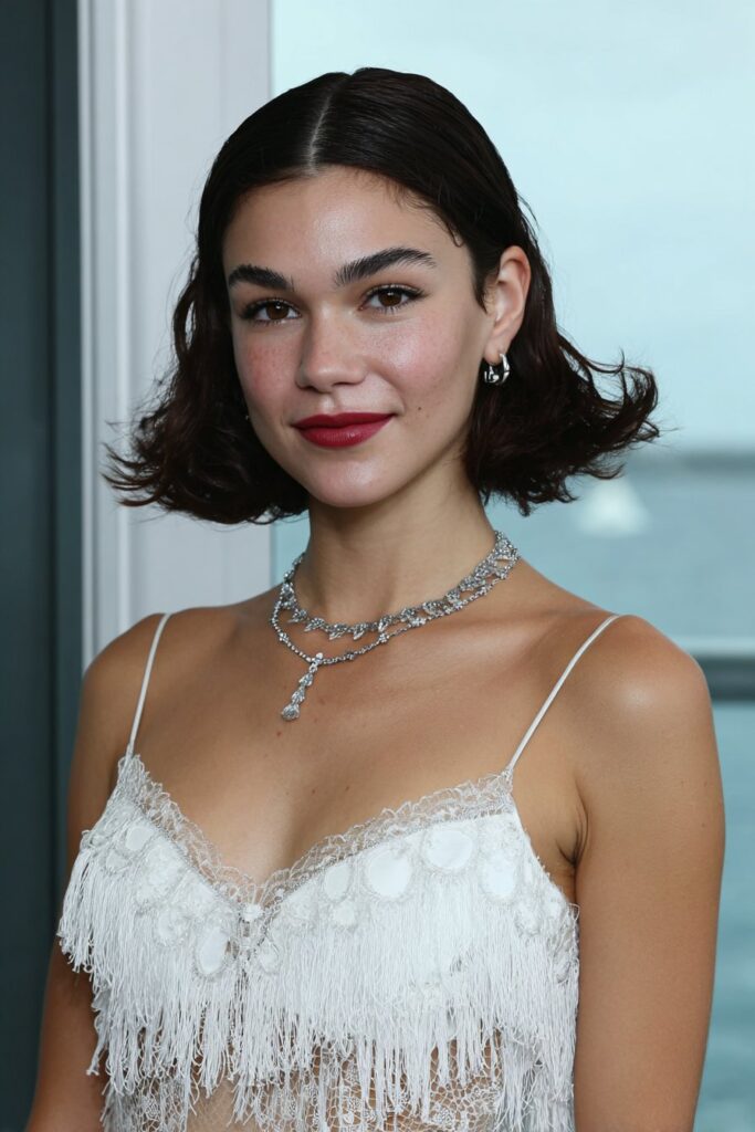 A girl with feathered medium layers adding volume