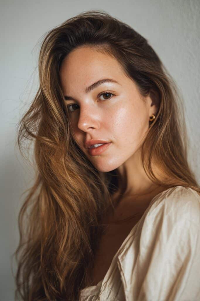 Long feathered layers designed to enhance and balance oval face shapes.