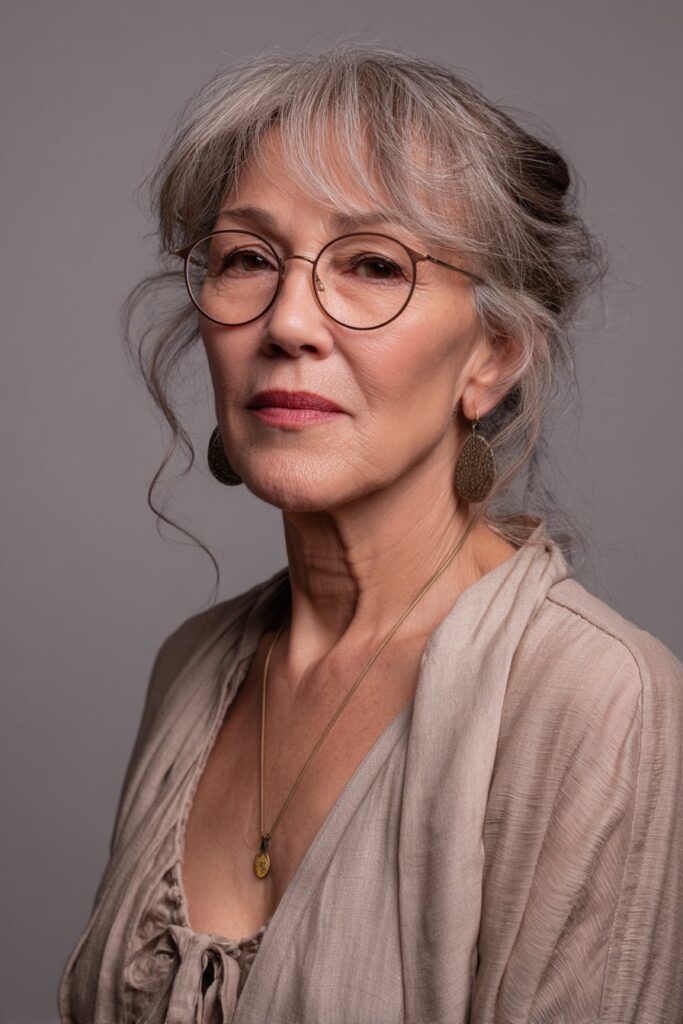 Graceful 50-year-old woman with a soft feathered midi cut.