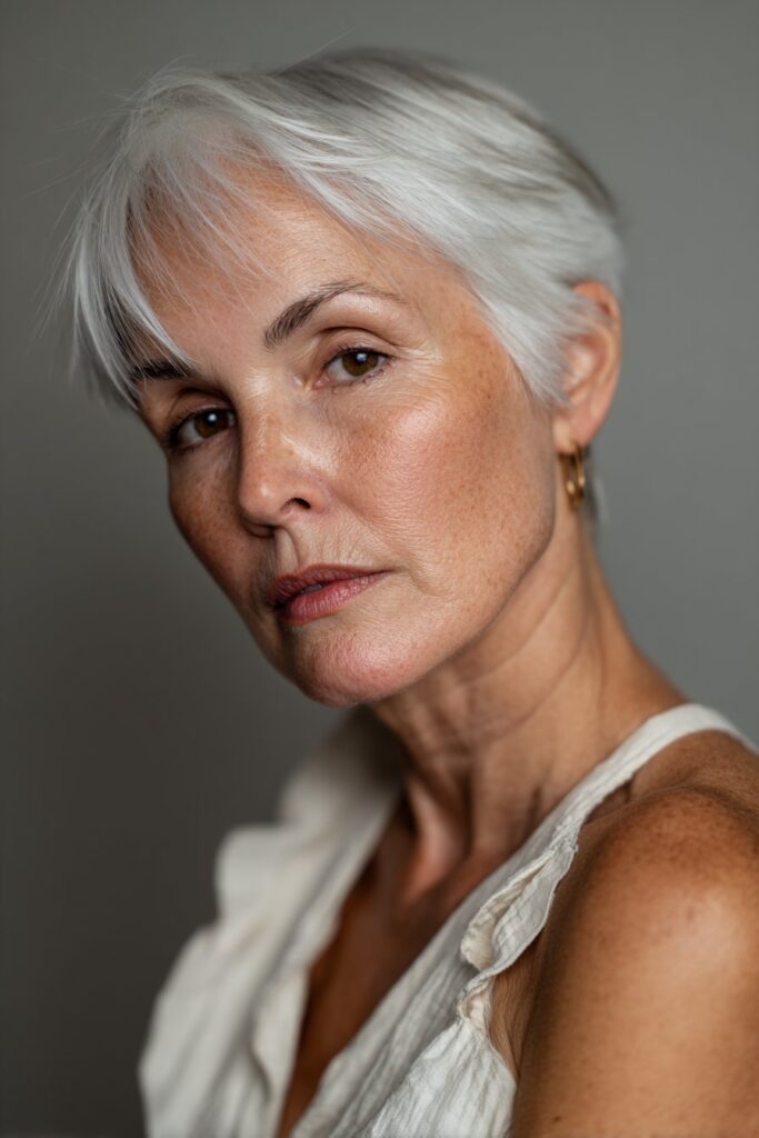 Feathered pixie cut with soft layers adding movement to straight hair.