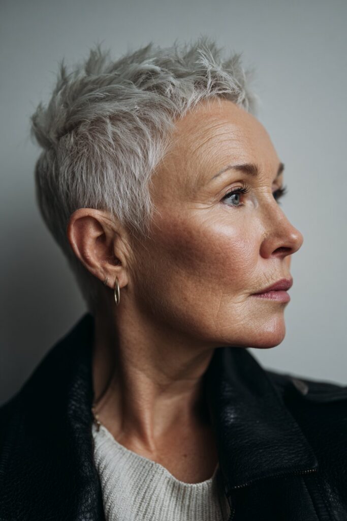 Feathered pixie cut with lifted crown volume for a fuller appearance.