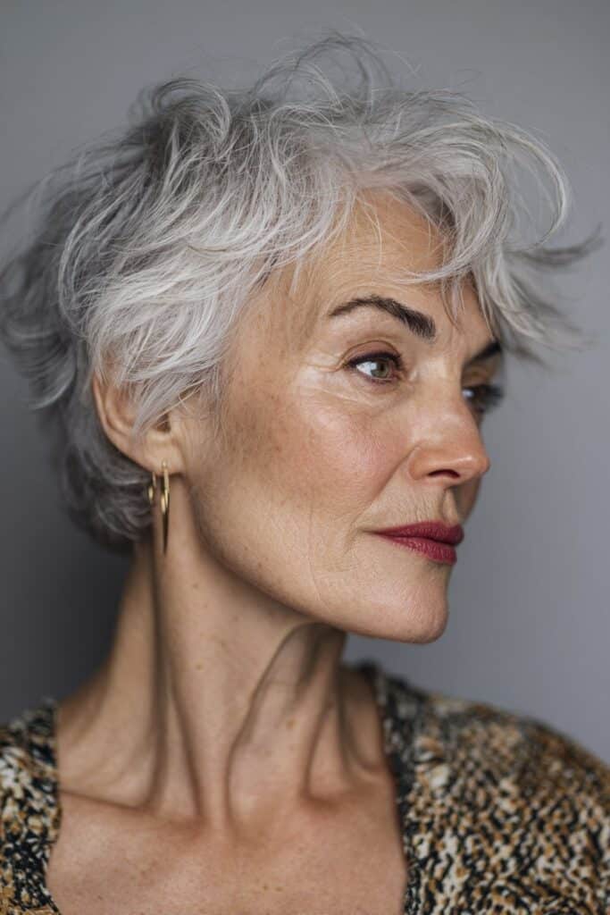 Asymmetrical bob haircut with one side longer, creating dimension for thin hair.