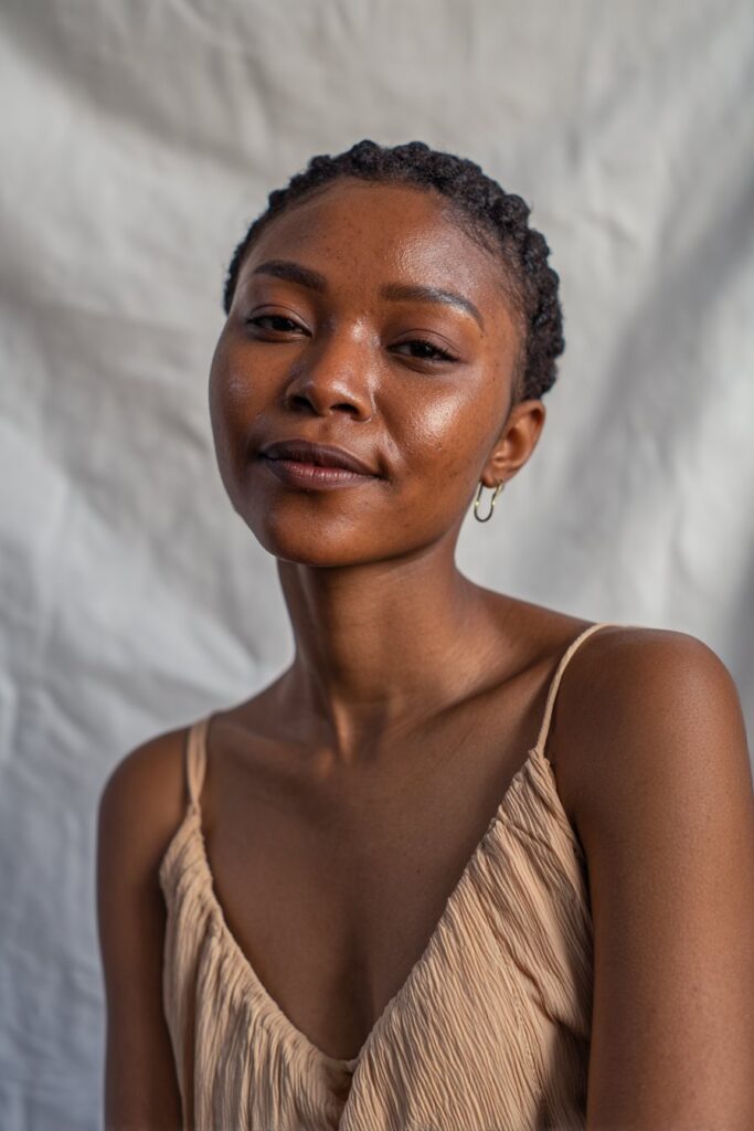 Large, smooth cornrows with added curly strands for a soft, elegant look.