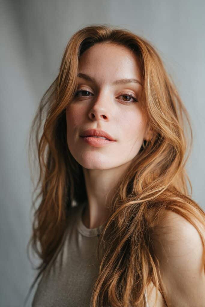 Medium brown hair infused with golden honey highlights for a sunlit warmth.