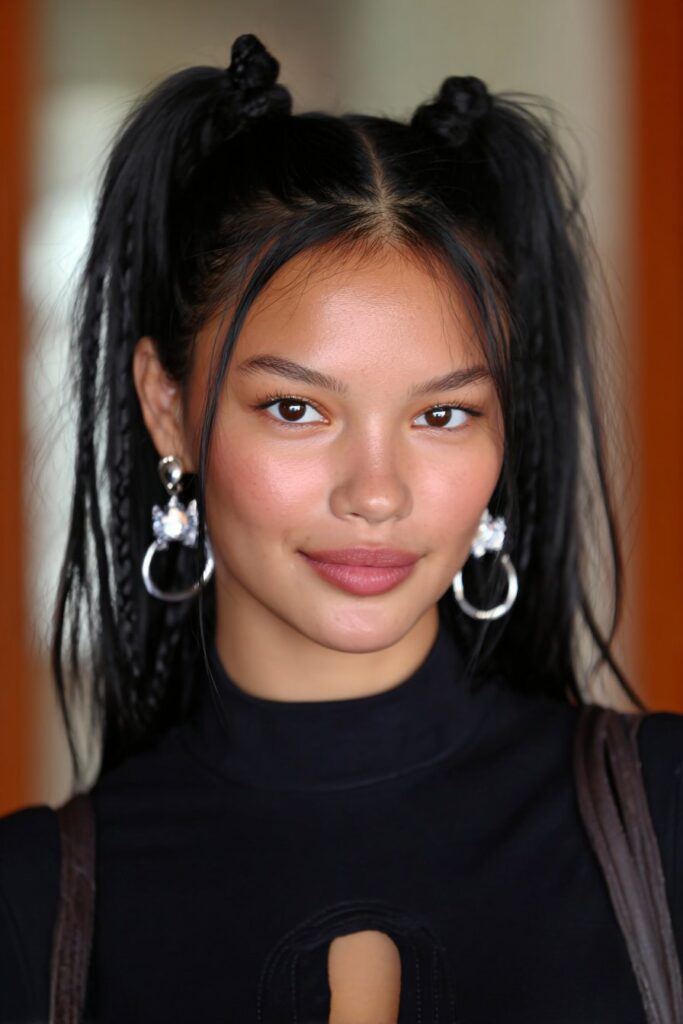 A half-up half-down hairstyle featuring small decorative braids for a playful school look.