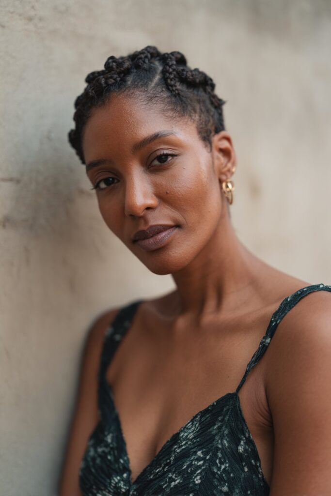 Cornrows braided into a heart-shaped design for a detailed, artistic pattern.